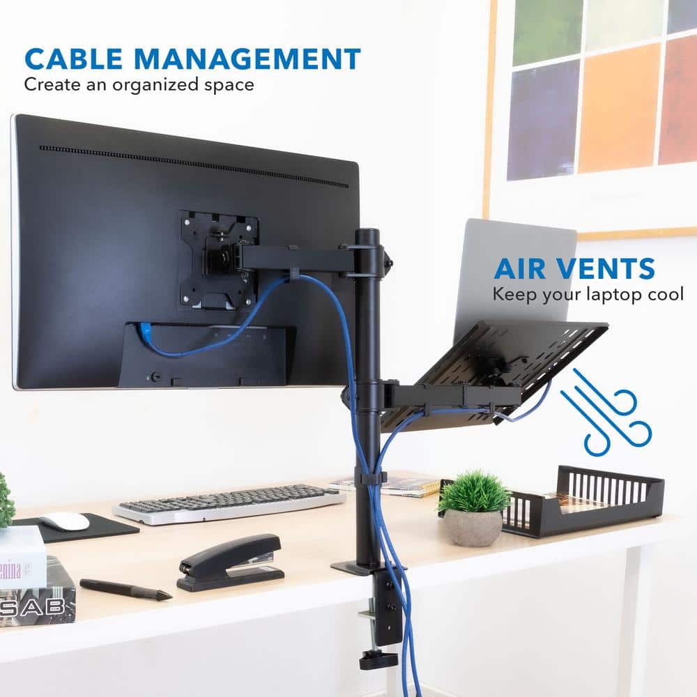 Adjustable Black Dual Laptop and Monitor Desk Mount with Ventilated Tray
