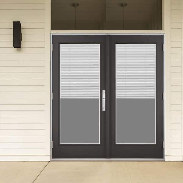 72 in. x 80 in. Black Right-Hand Outswing Fiberglass Full Lite Blinds Glass Hinged French Patio Door