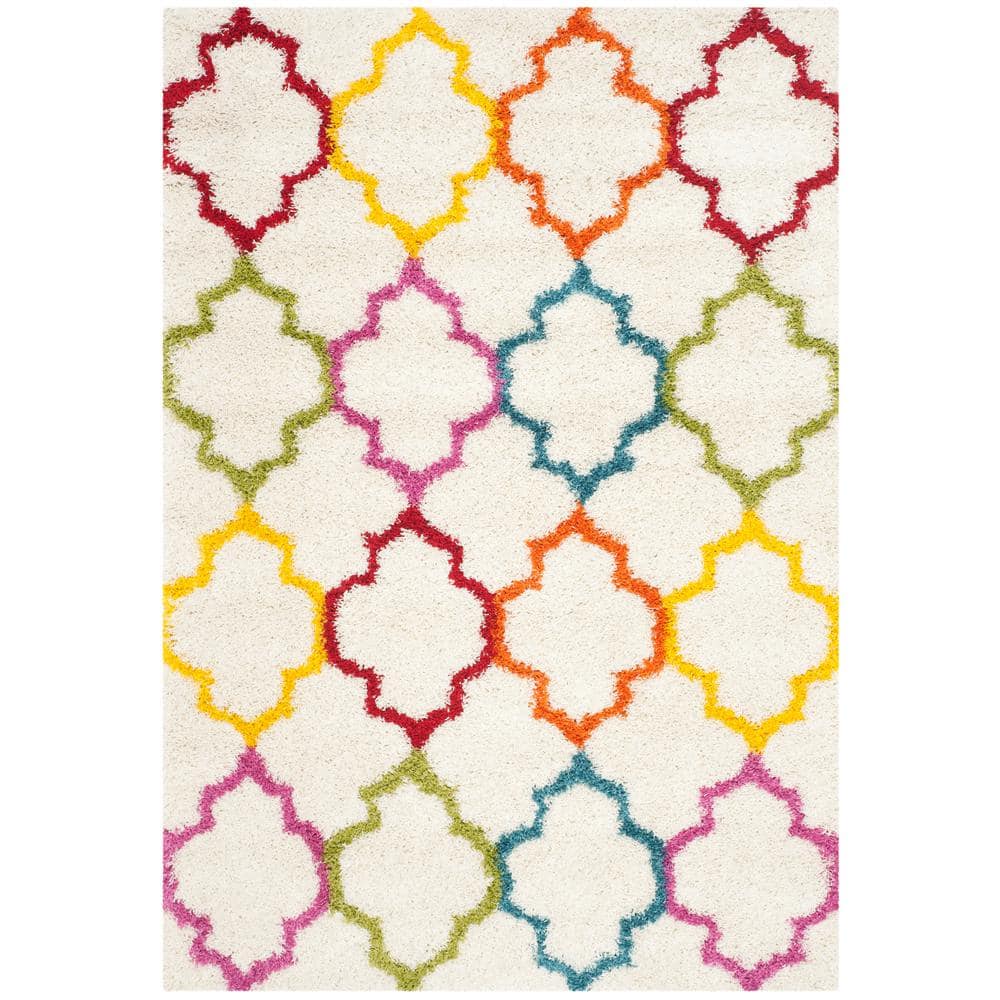 Ivory and Multicolor Geometric Shag Wool Kids 4' x 6' Rug