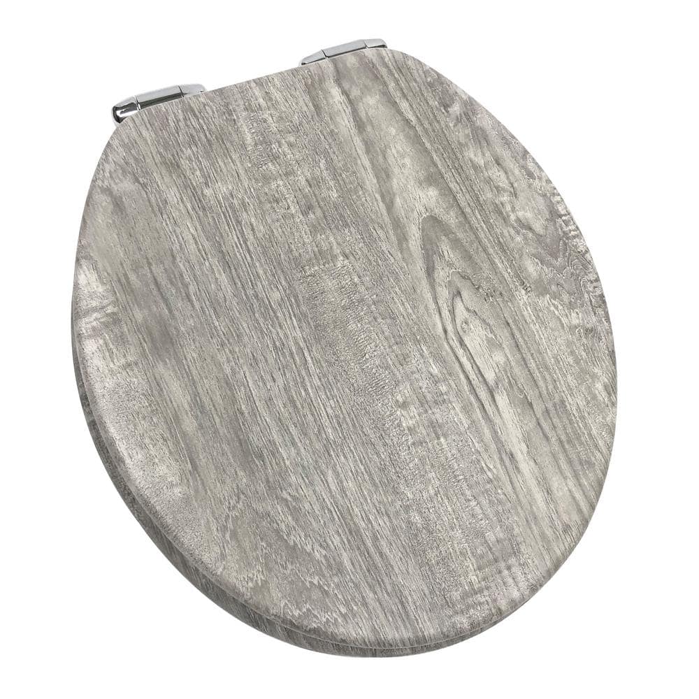 Round Distressed Gray Molded Wood Toilet Seat with Chrome Hinges