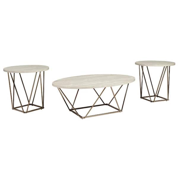 Benjara Faux Marble 31.13 in. White and Gold Rectangle Coffee Table with 1-Coffee Table and 2-End Tables