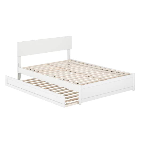 Wesley White Solid Wood Frame Full Platform Bed with Panel Footboard and Twin Trundle