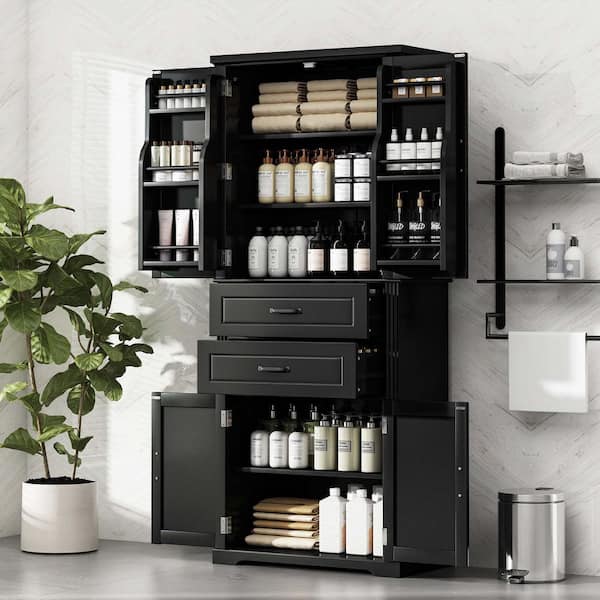 30 in. W x 15.7 in. D x 72.5 in. H Black MDF Freestanding Linen Cabinet with 4 Doors, 2 Drawers and Adjustable Shelf