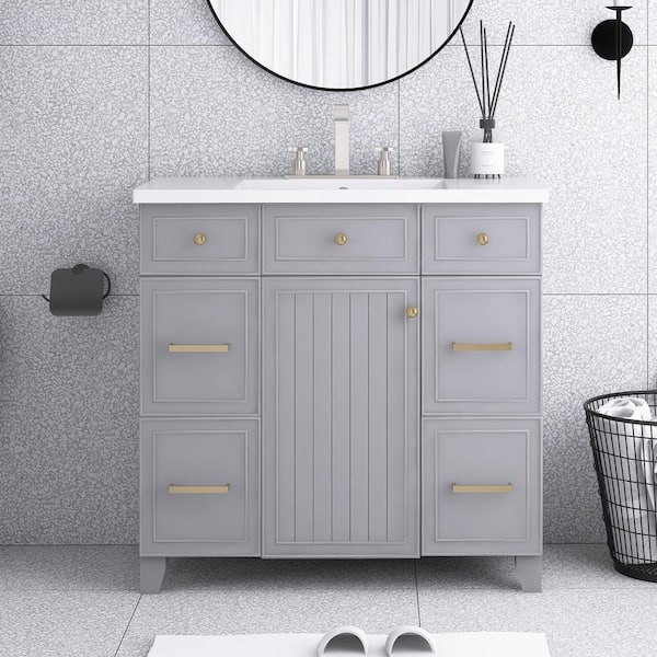 Staykiwi 36 in. W x 18 in. D x 34 in. H Single Sink Freestanding Bath Vanity in Gray with White Cultured Marble Top