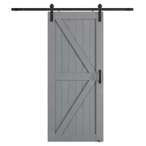 36 in. W. x 84 in. k-Shaped Natural Solid Wood finished Grey Interior Sliding Barn Door with Hardware Kit