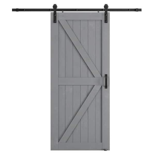 SOCBAZZAR 36 in. W. x 84 in. k-Shaped Natural Solid Wood finished Grey Interior Sliding Barn Door with Hardware Kit