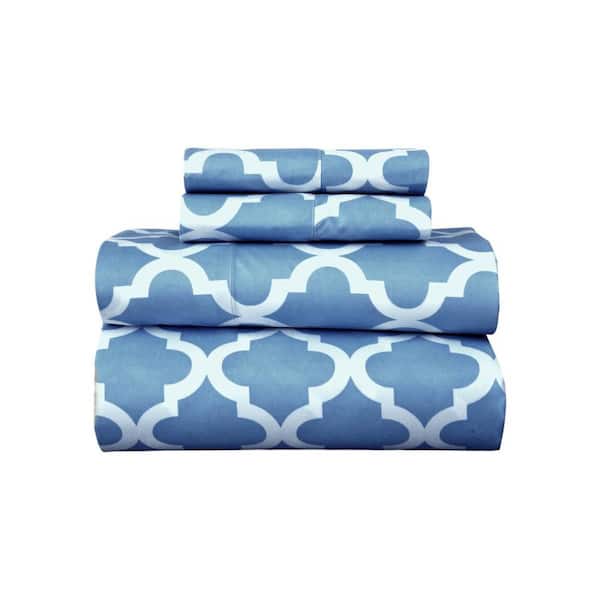 HomeRoots 4-Piece Blue and White Novelty Microfiber Queen Sheet Set