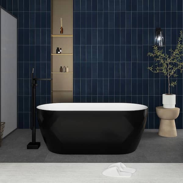 JimsMaison 59 in. x 28 in. Acrylic Freestanding Flatbottom Soaking Bathtub with Center Drain in Matte Black