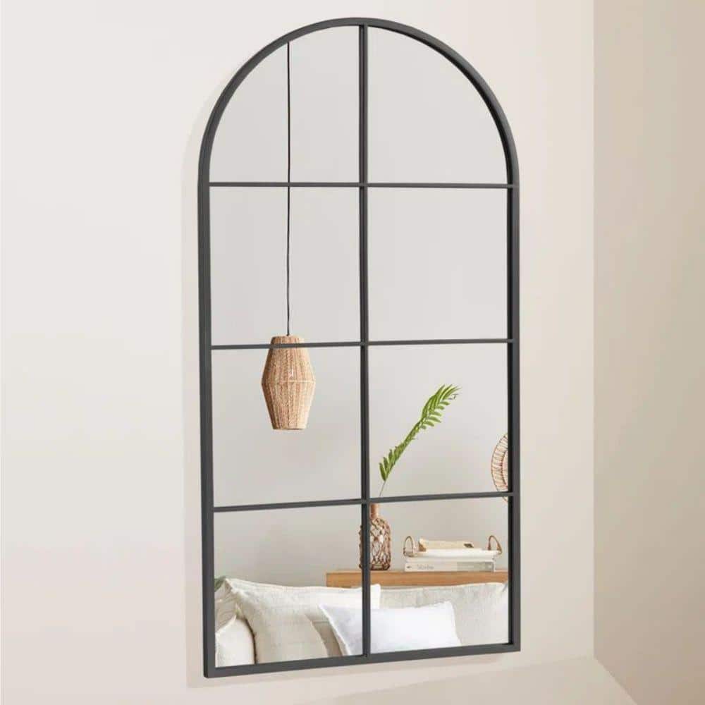 28 in. W x 55 in. H Arched Metal Frame Wall Mirror in Black