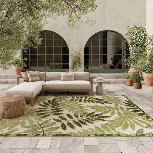 Aloha Ivory Green 9 ft. x 12 ft. Floral Contemporary Indoor/Outdoor Area Rug