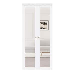 36 in. x 80 in. 1-Lite Mirrored Glass Solid Core White Finished MDF Pivot Bi-fold Door with Pivot Hardware