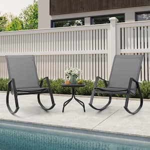 3-Piece Patio Metal Outdoor Rocking Chairs and 4-Legged Side Table in Gray