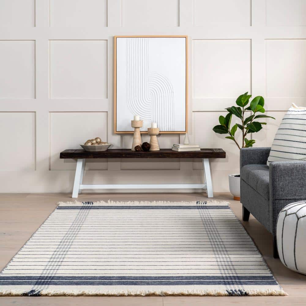Ivory and Blue Striped Wool Fringe Area Rug 2' x 3'