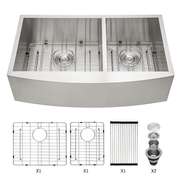 JimsMaison 33 in. Double Bowl Farmhouse Apron Brushed Nickel Stainless Steel Kitchen Sink with Sink Grid