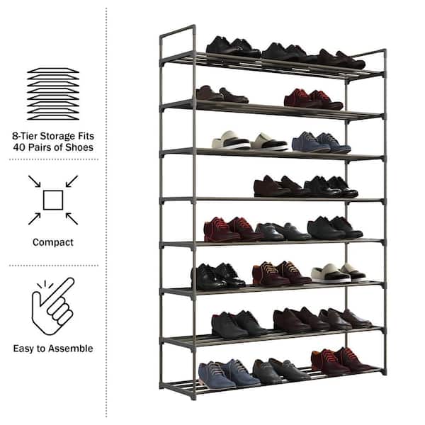 Home-Complete 60.6 H 48-Pair 8-Tier Gray Plastic Shoe Rack