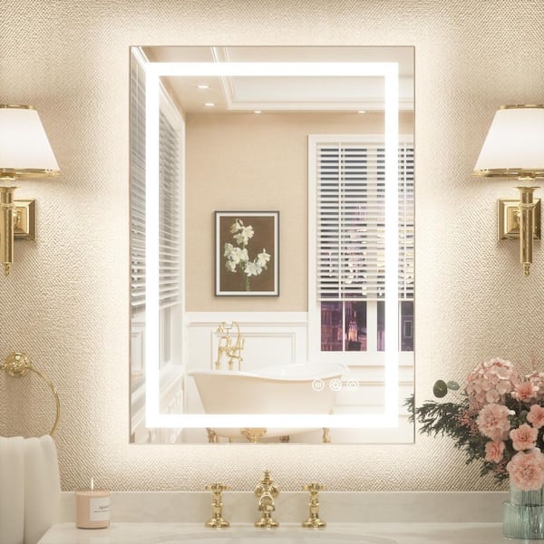 KeonJinn 20 in. W x 28 in. H Rectangular Frameless LED Lighted Bathroom Vanity Mirror with Light with Backlit and Anti-Fog