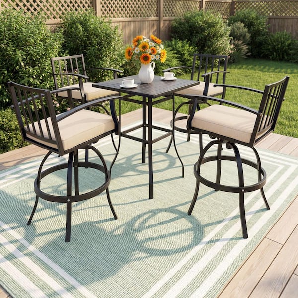 5-Piece Metal Patio Outdoor Bistro Set with Square Bar Table, High Swivel Chairs and Sand Cushions