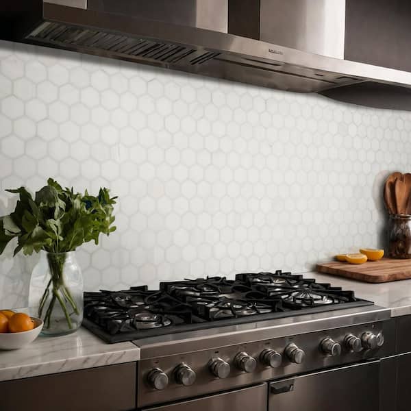 Bianco Dolomite Hexagon 12 in. x 13 in. Polished Marble Mesh-Mounted Floor and Wall Tile (9.8 sq. ft./Case)