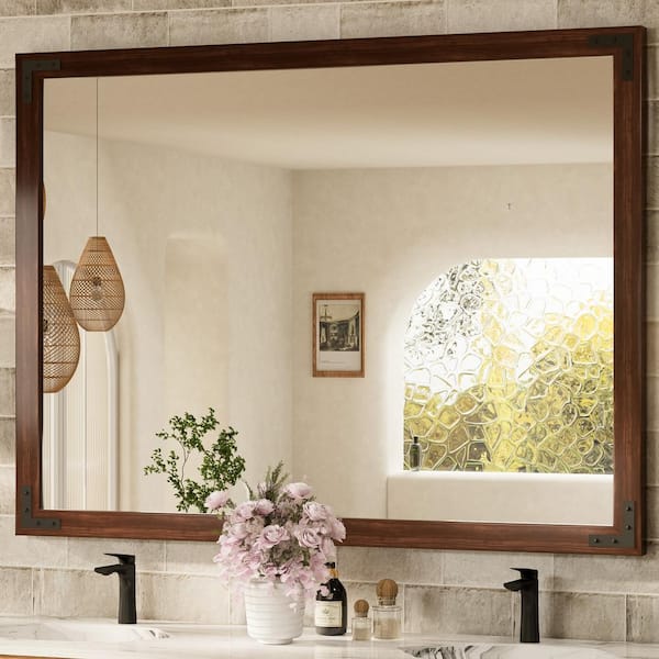 48 in. W x 36 in. H Large Rectangular Rustic Wood Framed Farmhouse Wall Bathroom Vanity Mirror in Brown