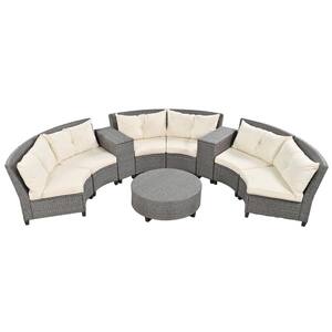7-Piece Gray Wicker Outdoor Seating Sectional Set Group with Beige Cushions and Table Suitable for Garden