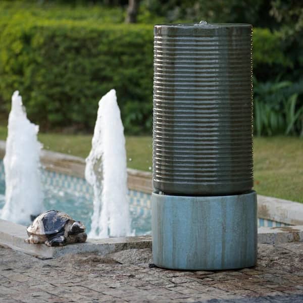 ITOPFOX Cement Round Green Ribbed Tower Water Fountain