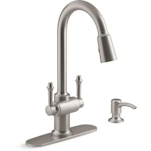 Thierry Two Handle Pull-Down Sprayer Kitchen Faucet with Soap Dispenser in Vibrant Stainless