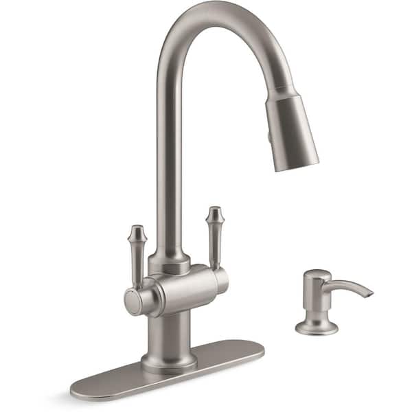 KOHLER Thierry Two Handle Pull-Down Sprayer Kitchen Faucet with Soap Dispenser in Vibrant Stainless