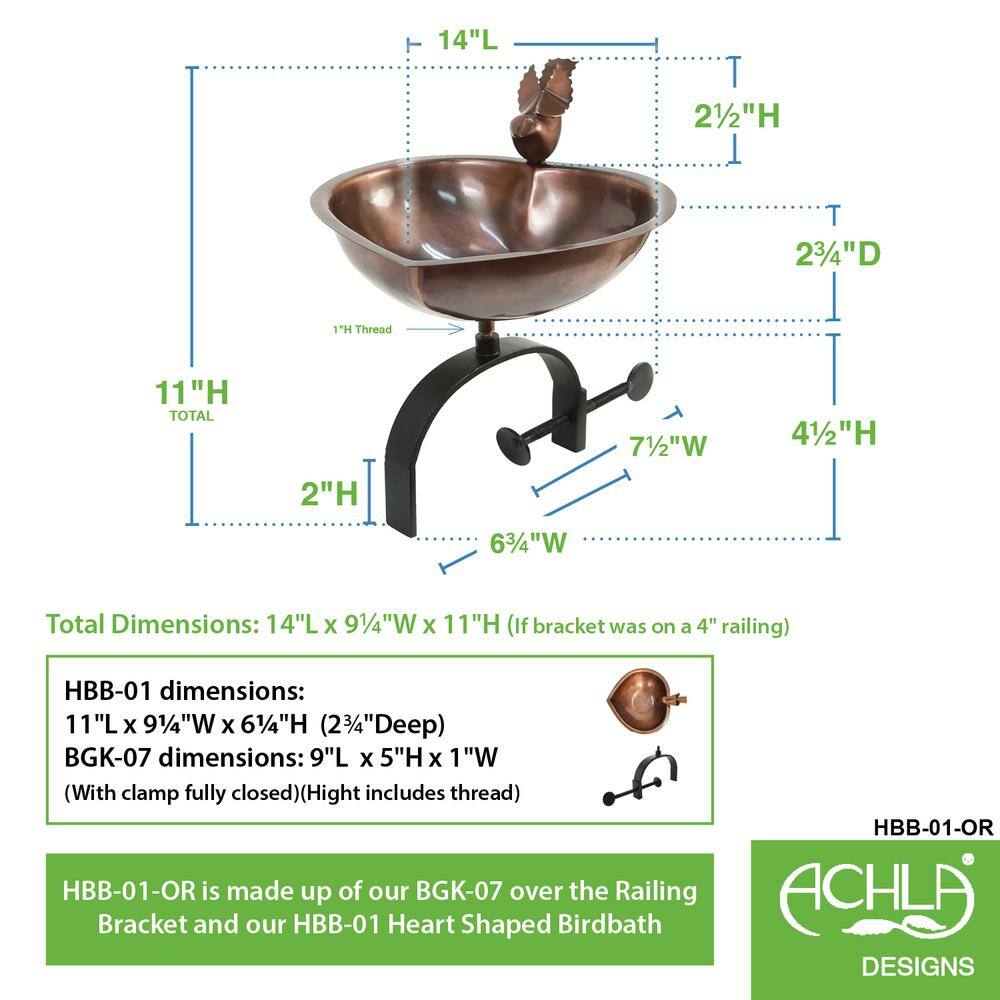 Heart Shaped Copper and Black Metal Birdbath with Rail Bracket