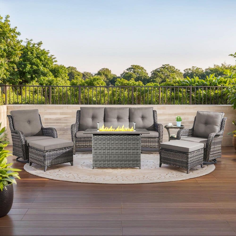 Carolina 7-Piece Outdoor Patio Furniture Set, Gray Wicker Fire Pit Table with Swivel Chair and Side Table, Gray Cushions price history on PriceWatchPro