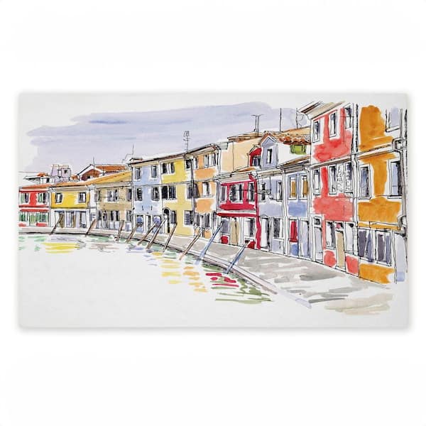 Quaint Coastal Town Buildings Multi-Colored 18 in. x 30 in. Polyester Non-Slip Outdoor Door Mat