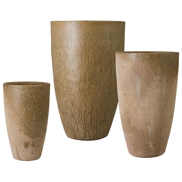 43 in. H Brown Ceramic Round Planters with Drainage Hole (Set of 3)