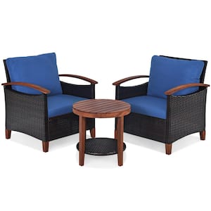 3-Pieces Patio Wicker Rattan Conversation Set Outdoor Furniture Set with Blue Cushion