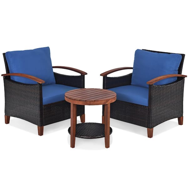 Gymax 3-Pieces Patio Wicker Rattan Conversation Set Outdoor Furniture Set with Blue Cushion