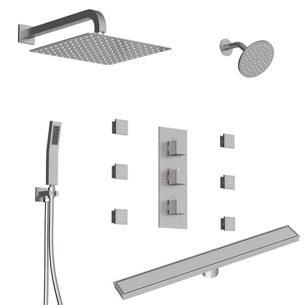 Thermostatic 8-Spray 12 and 6 in. Dual Shower Head and Body Jet Shower System with Linear Shower Drain in Brushed Nickel