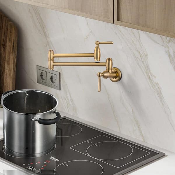 Retro Wall Mounted Brass Pot Filler Stretchable Kitchen Faucet with Double Joint Swing Arm in Brushed Gold