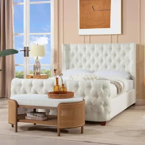 Geneva Antique White Polyester Frame Queen Platform Bed with Curved Wing Upholstered