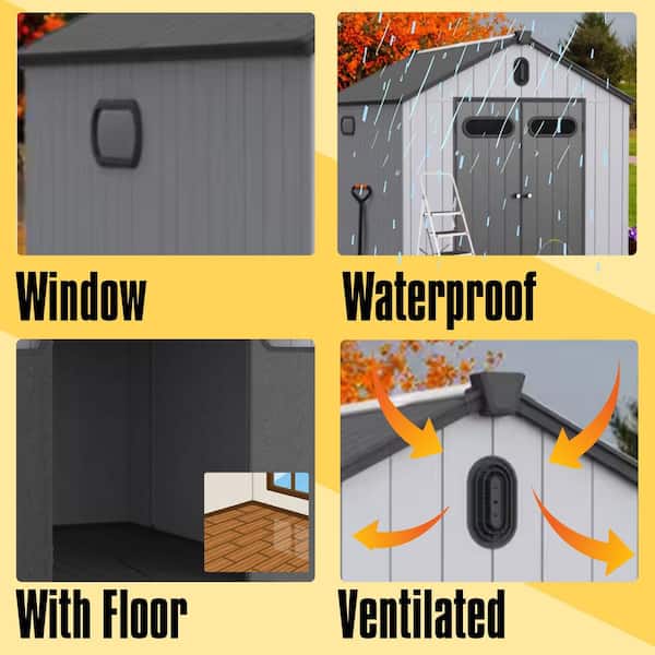 8 ft. W x 10 ft. D Plastic Storage Shed Outdoor Waterproof Tool Room with Floor for Garden, Black and Gray (76 sq. ft.)