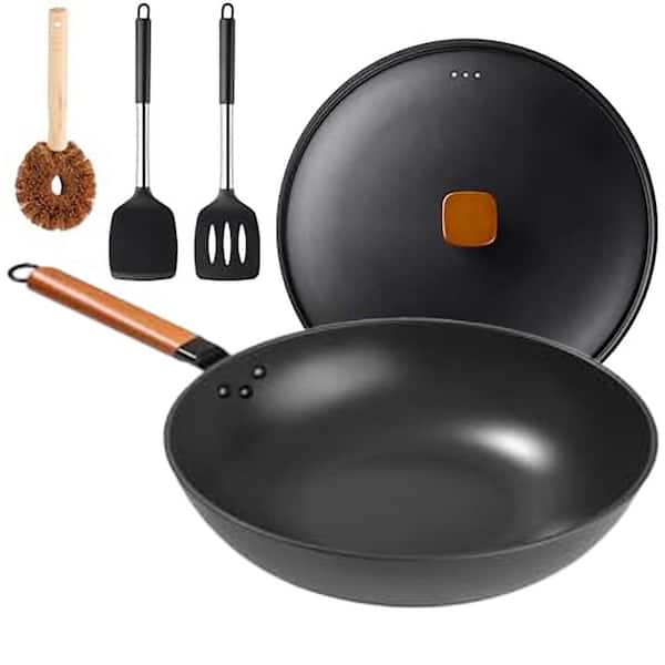 Wok Pan 13 Inch Black Carbon Steel Nonstick Pre-Seasoned Flat Bottom with Lid and Utensils for All Stoves