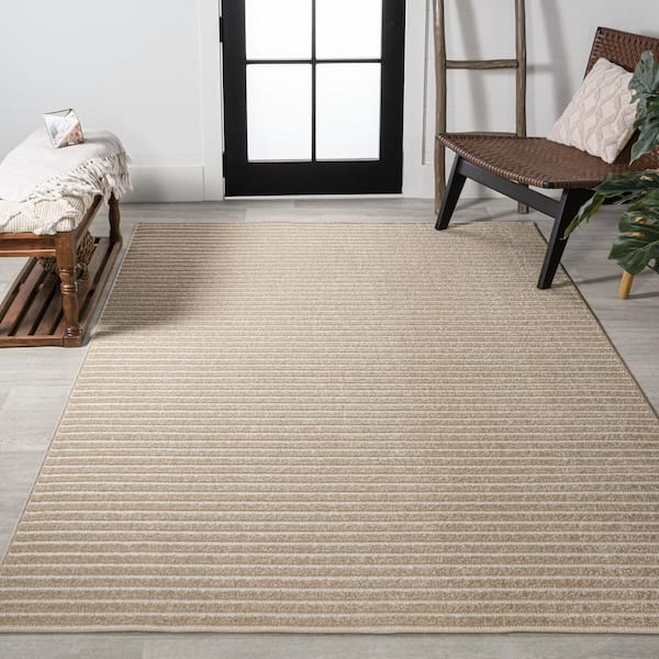 Aarhus High-Low Minimalist Scandi Striped Beige/Cream 8 ft. x 10 ft. Indoor/Outdoor Area Rug