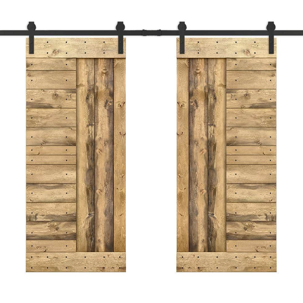 48 in. x 84 in. Weather Oak Stained DIY Knotty Pine Wood Interior Double Sliding Barn Door with Hardware Kit price history on PriceWatchPro