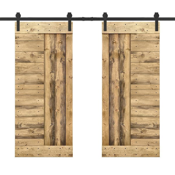 CALHOME 60 in. x 84 in. Weather Oak Stained DIY Knotty Pine Wood Interior Double Sliding Barn Door with Hardware Kit