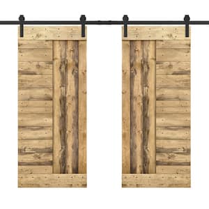 84 in. x 84 in. Weather Oak Stained DIY Knotty Pine Wood Interior Double Sliding Barn Door with Hardware Kit