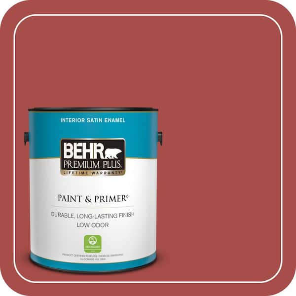 BEHR PREMIUM PLUS 1 gal. Home Decorators Collection #HDC-CL-09 Persimmon Red Satin Enamel Low Odor Interior Paint & Primer