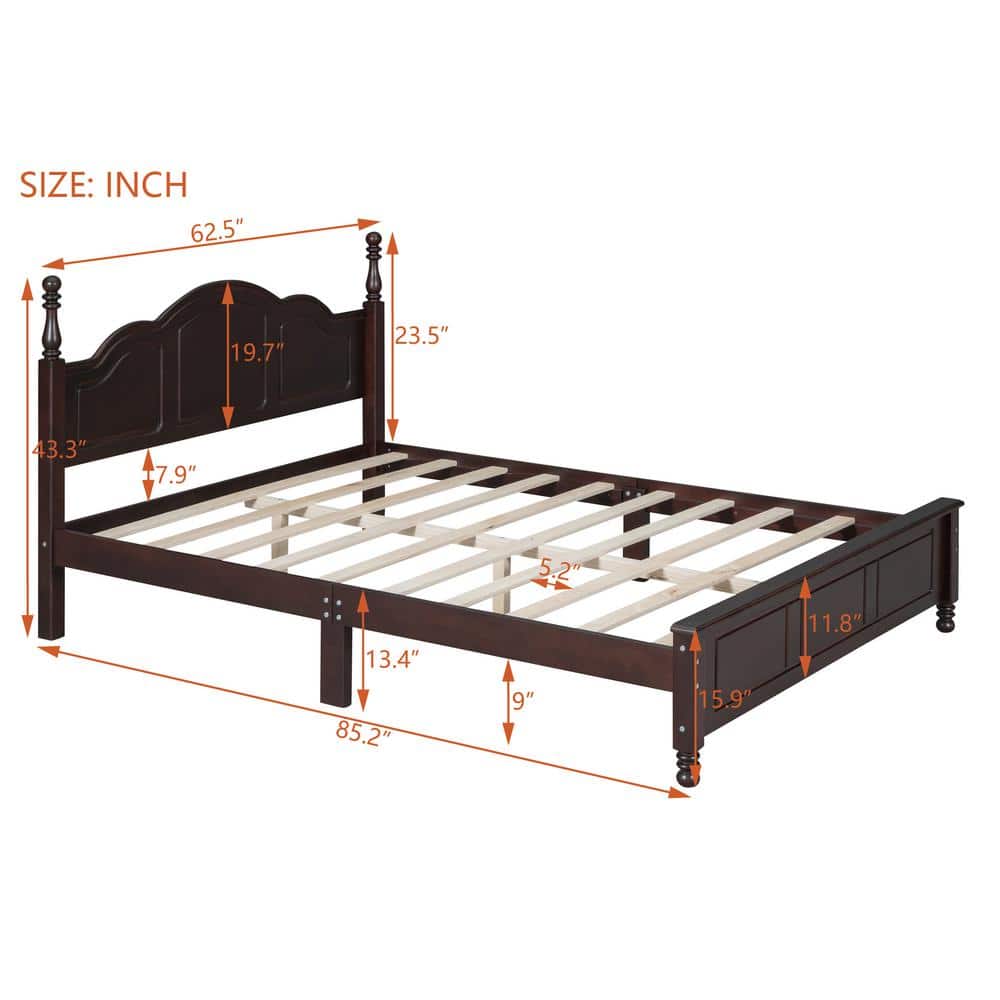 Dark Walnut (Dark Brown) Wood Frame Queen Size Platform Bed with Retro Style Headboard - thumbnail 3