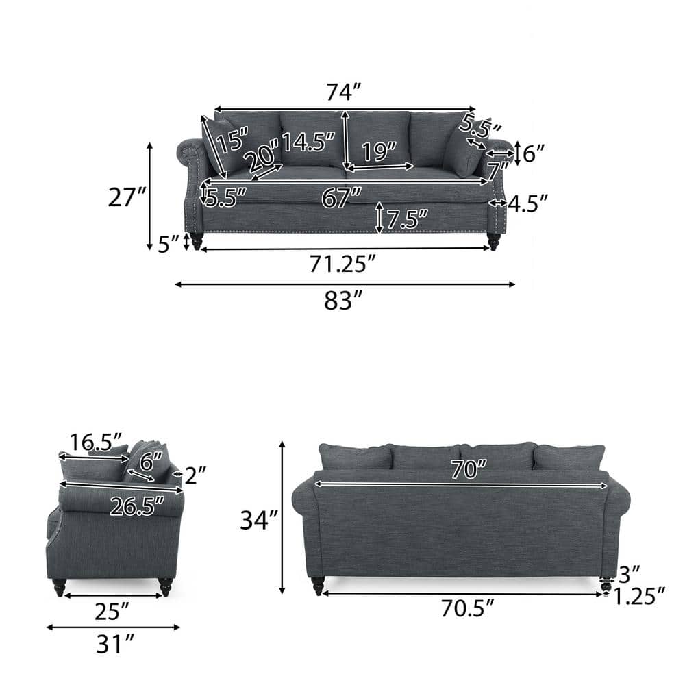 Charcoal Tufted Fabric Lawson Sofa with Nailhead Trim
