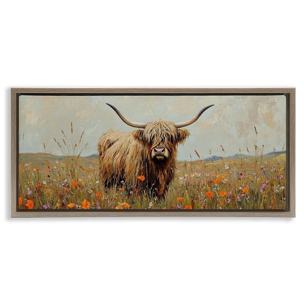 Longhorn And Wildflowers by Petal Prints Design 1 Piece Brown Floater Frame Animal Graphic Art Print 14 in. x 31 in. price history on PriceWatchPro