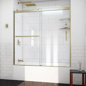 Sapphire-V 56 60 in. W x 62 in. H Sliding Semi-Frameless Bypass Tub Door in Brushed Gold with Clear Glass