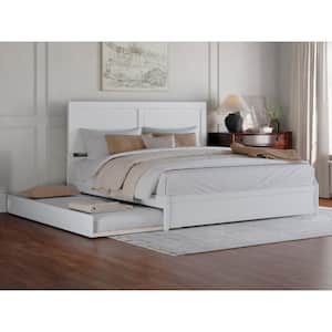 Clayton White Solid Wood Frame King Platform Bed with Panel Footboard and Twin XL Trundle
