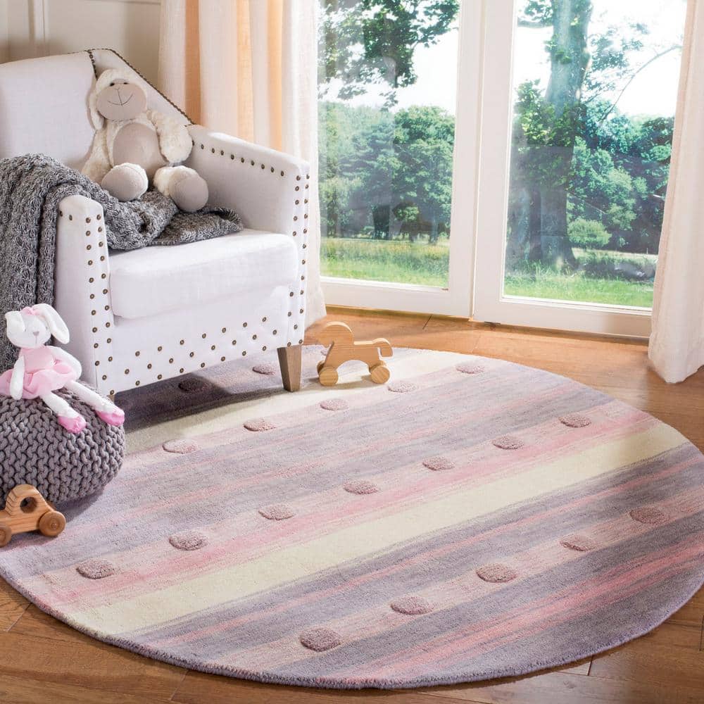 Ivory and Light Purple Round Wool Kids Rug, 5'