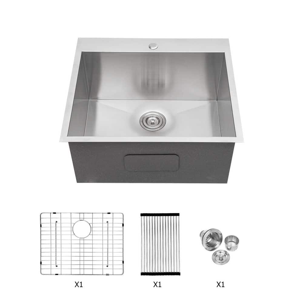 22 in. Drop-In/Undermount Single Bowl 16 Gauge Brushed Nickel Stainless Steel Kitchen Sink with Grid and Drain price history on PriceWatchPro